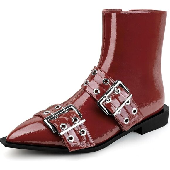 ⚡Women's Red Patent Halloween Ankle Boot Pointed Toe Chunky Heel Boots Buckles - Picture 1 of 6